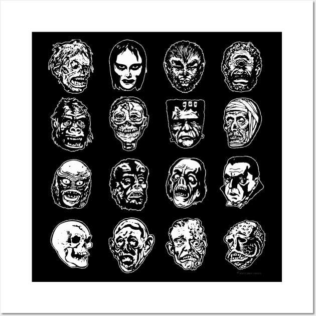 Horror Movie Monster Masks (B&W variant) Wall Art by monstermangraphic